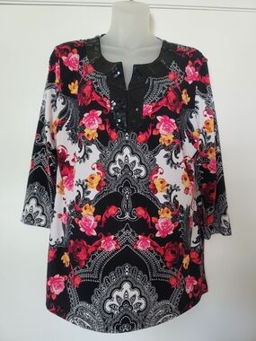 JM Collection Tunic with Embellished Neckline Paisley Print